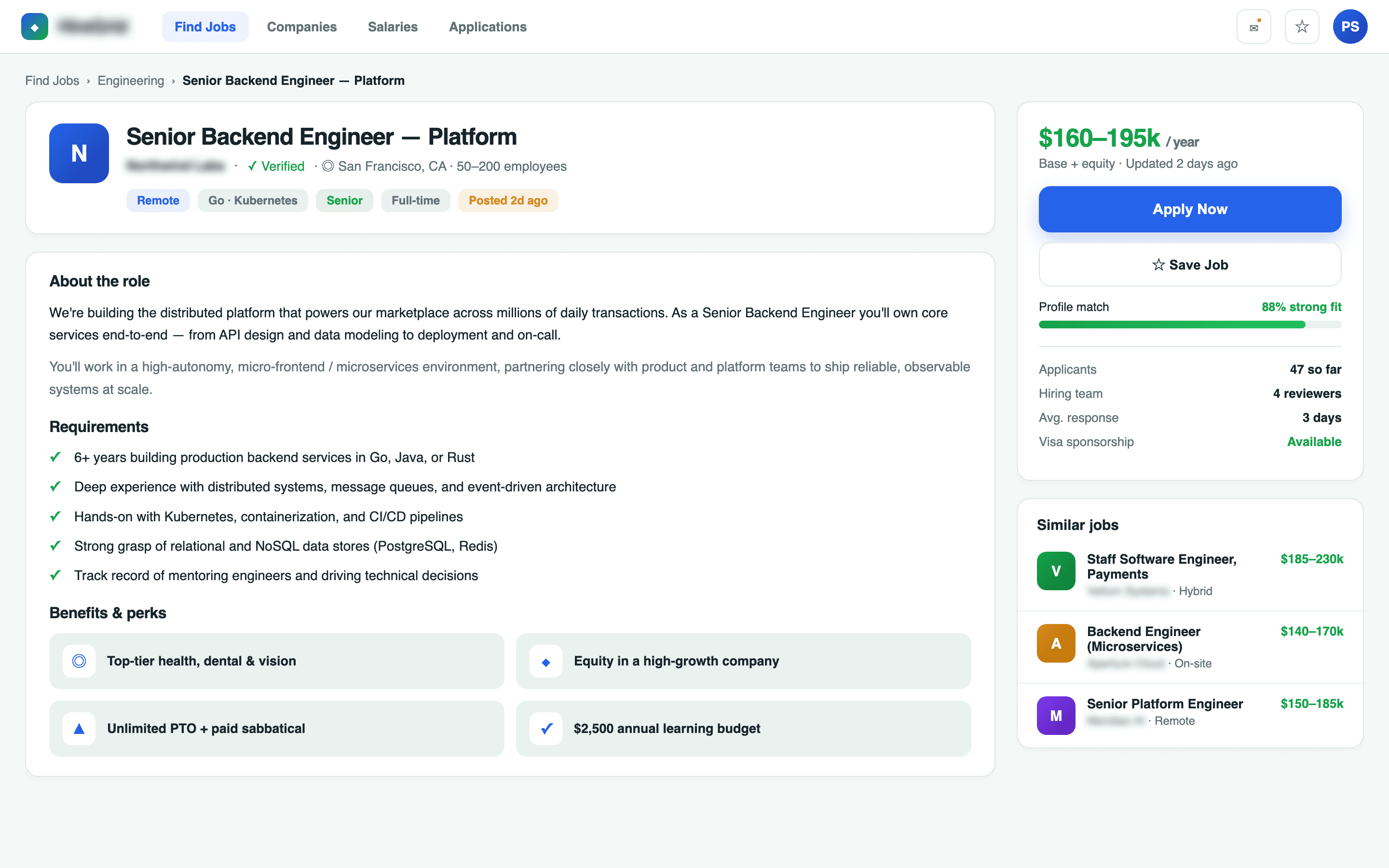 Employer dashboard: job posting, candidate management, and applicant tracking in one workspace.