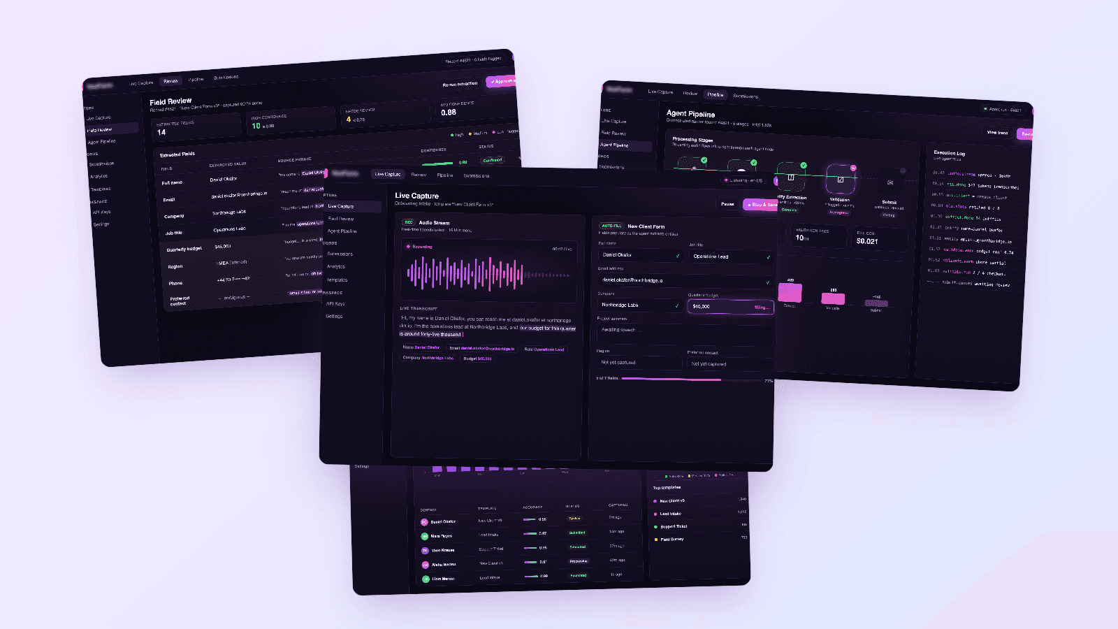 Product screens collage for Agentic Voice-to-Form Automation