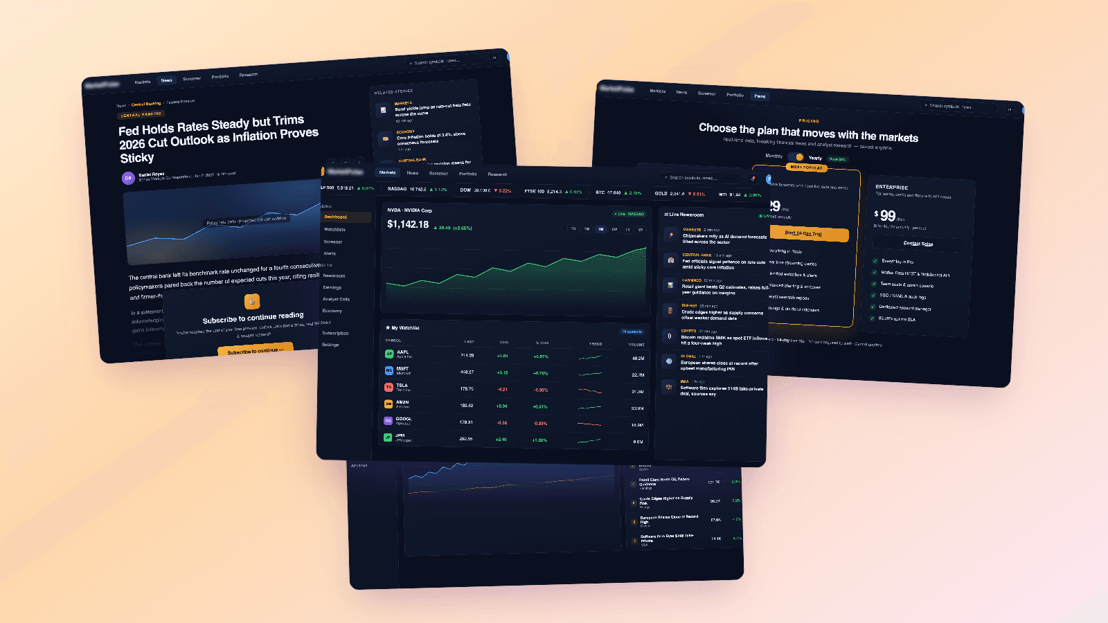 Product screens collage for Subscription Financial News Platform